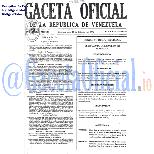 Gaceta Oficial 5016 del 11 Diciembre 1995