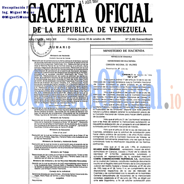 Gaceta Oficial 5101 del 10 Octubre 1996