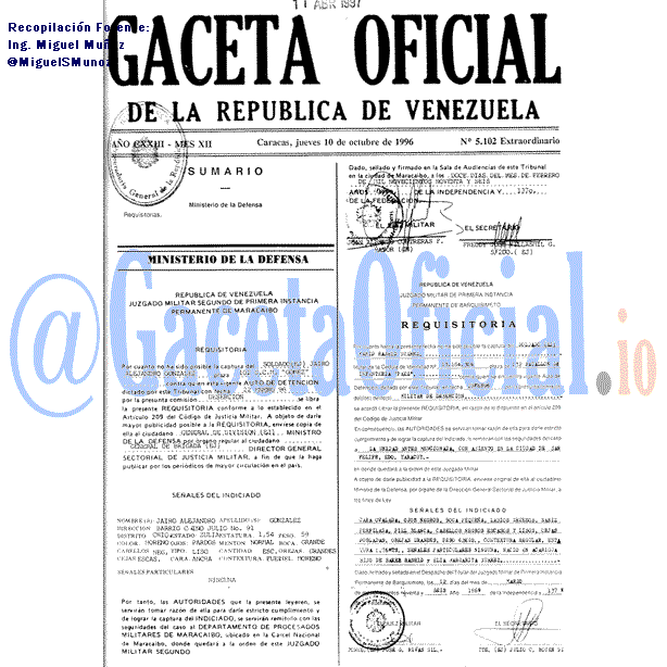 Gaceta Oficial 5102 del 10 Octubre 1996