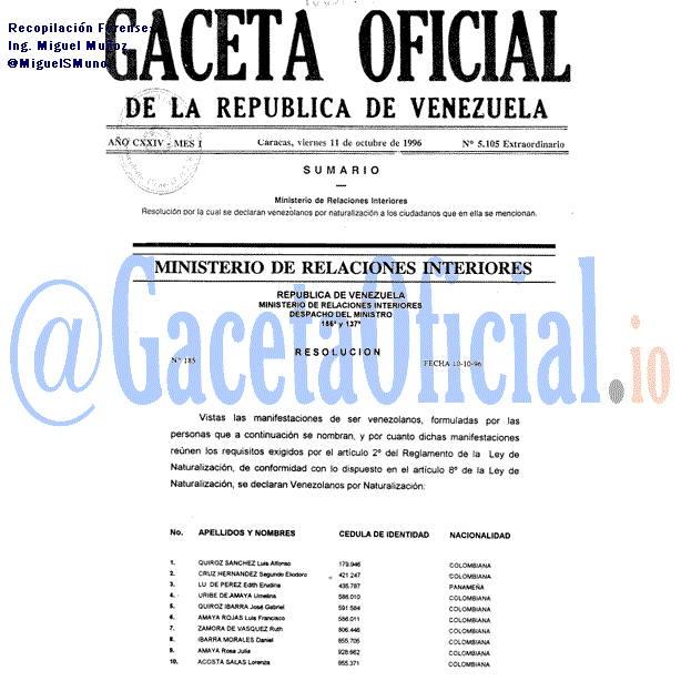 Gaceta Oficial 5105 del 11 Octubre 1996
