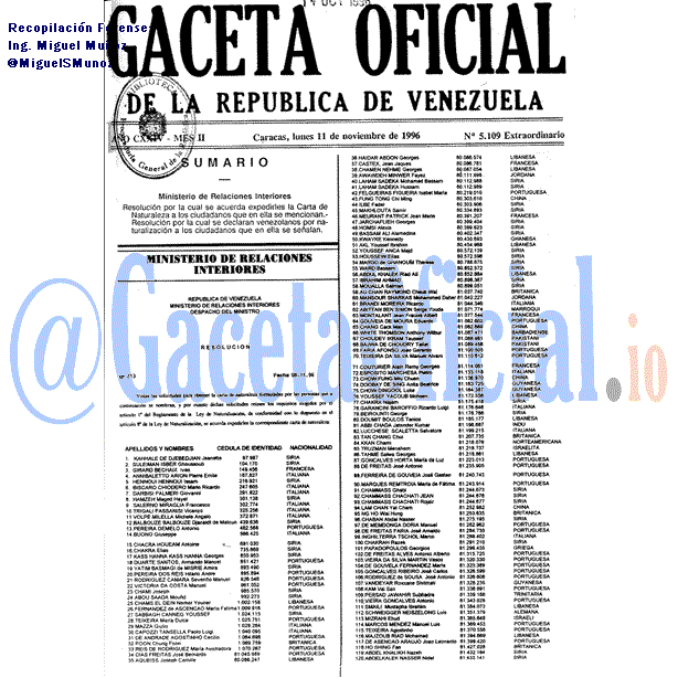 Gaceta Oficial 5109 del 11 Noviembre 1996