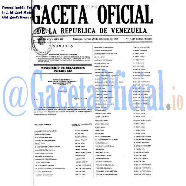Gaceta Oficial 5119 del 20 Diciembre 1996