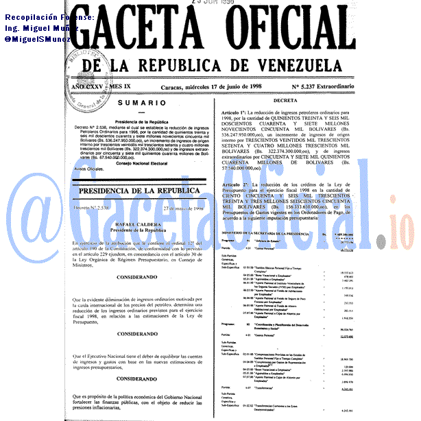 Gaceta Oficial 5237 del 17 Junio 1998
