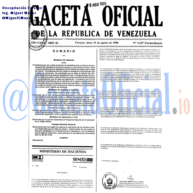 Gaceta Oficial 5257 del 31 Agosto 1998