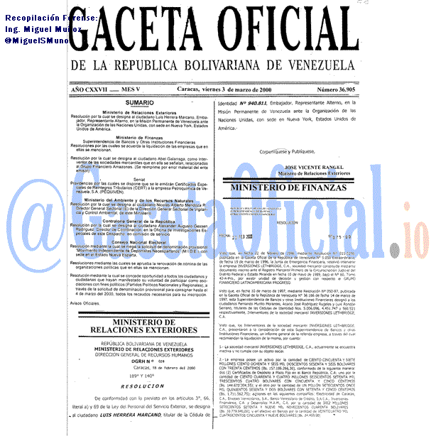 Gaceta Oficial 36905 del 3 Marzo 2000