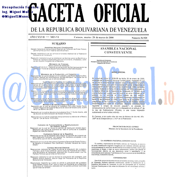 Gaceta Oficial 36920 del 28 Marzo 2000