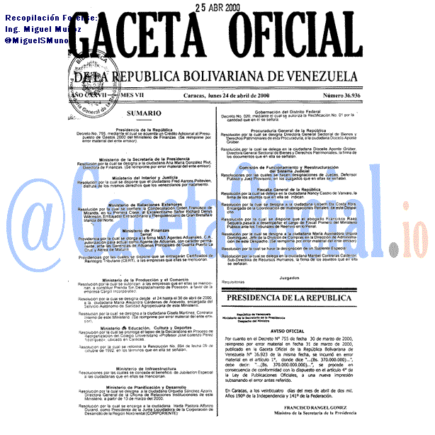 Gaceta Oficial 36936 del 24 Abril 2000