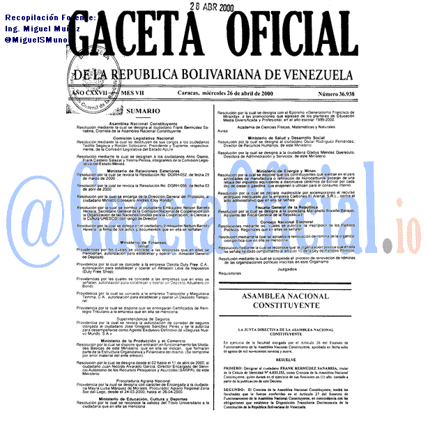Gaceta Oficial 36938 del 26 Abril 2000