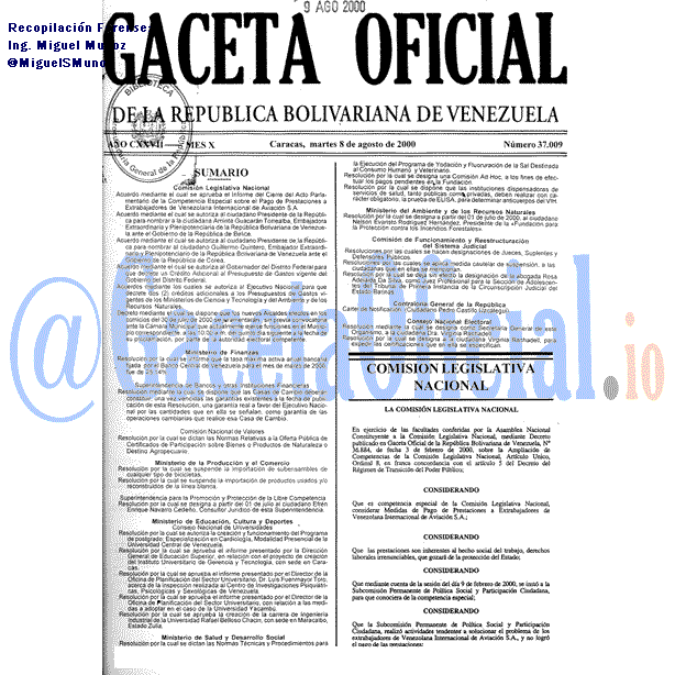 Gaceta Oficial 37009 del 8 Agosto 2000