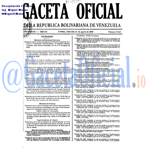 Gaceta Oficial 37015 del 16 Agosto 2000