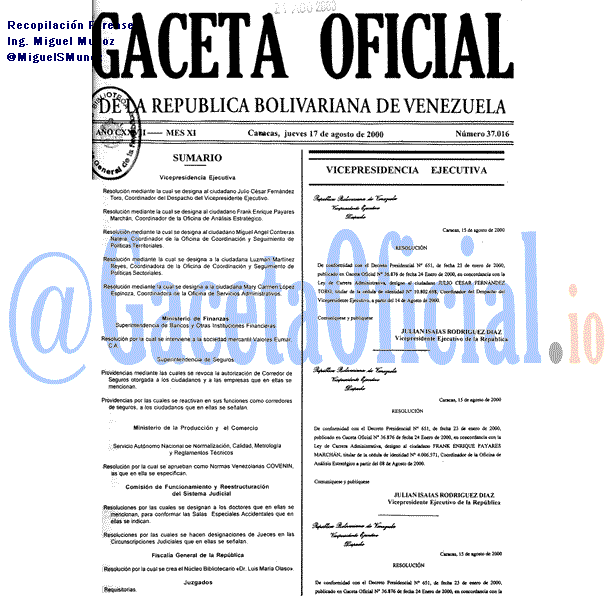 Gaceta Oficial 37016 del 17 Agosto 2000