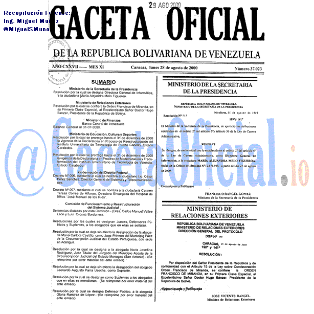 Gaceta Oficial 37023 del 28 Agosto 2000