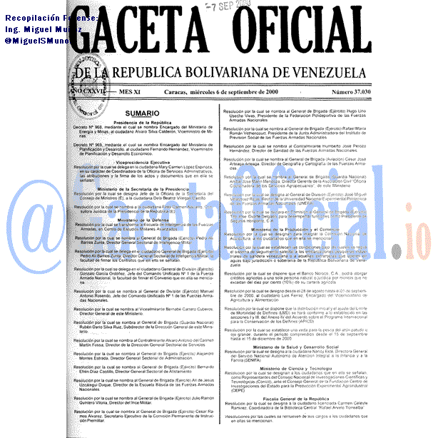 Gaceta Oficial 37030 del 6 Septiembre 2000