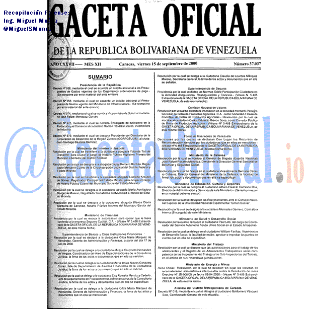 Gaceta Oficial 37037 del 15 Septiembre 2000