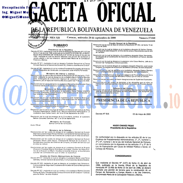 Gaceta Oficial 37040 del 20 Septiembre 2000