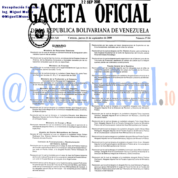 Gaceta Oficial 37041 del 21 Septiembre 2000