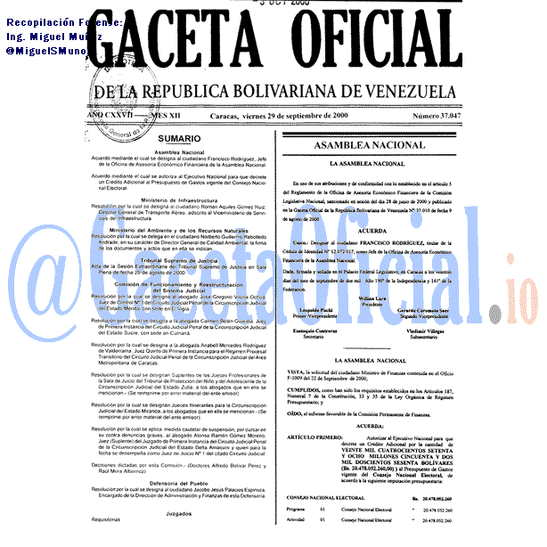 Gaceta Oficial 37047 del 29 Septiembre 2000