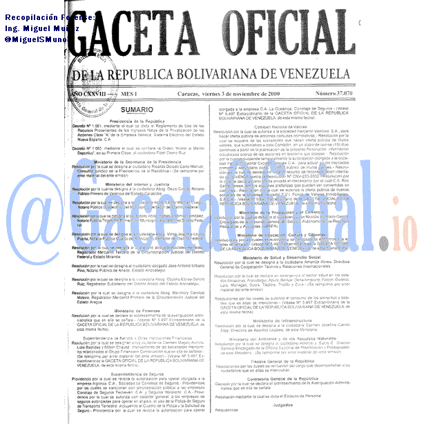 Gaceta Oficial 37070 del 3 Noviembre 2000