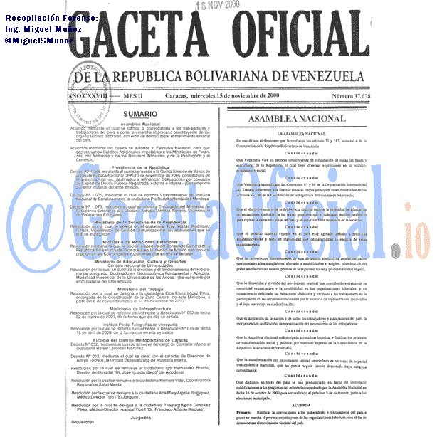 Gaceta Oficial 37078 del 15 Noviembre 2000