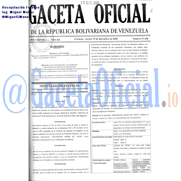 Gaceta Oficial 37100 del 15 Diciembre 2000
