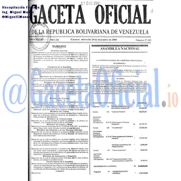 Gaceta Oficial 37103 del 20 Diciembre 2000