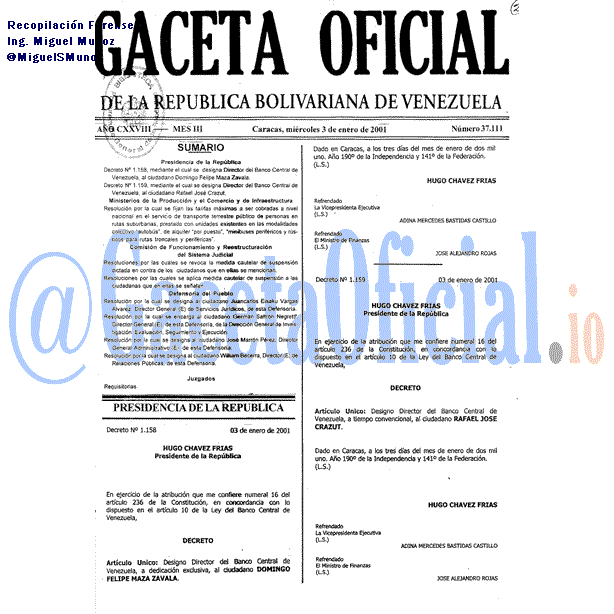 Gaceta Oficial 37111 del 3 Enero 2001