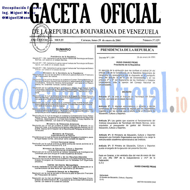 Gaceta Oficial 37129 del 29 Enero 2001