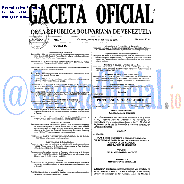 Gaceta Oficial 37141 del 15 Febrero 2001
