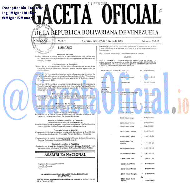 Gaceta Oficial 37143 del 19 Febrero 2001