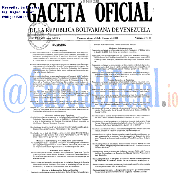 Gaceta Oficial 37147 del 23 Febrero 2001
