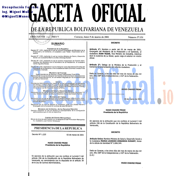 Gaceta Oficial 37151 del 5 Marzo 2001