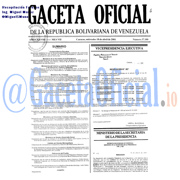 Gaceta Oficial 37180 del 18 Abril 2001