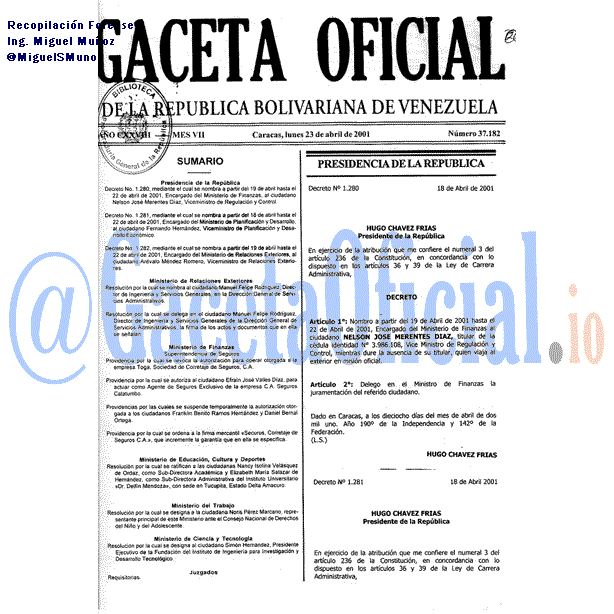 Gaceta Oficial 37182 del 23 Abril 2001