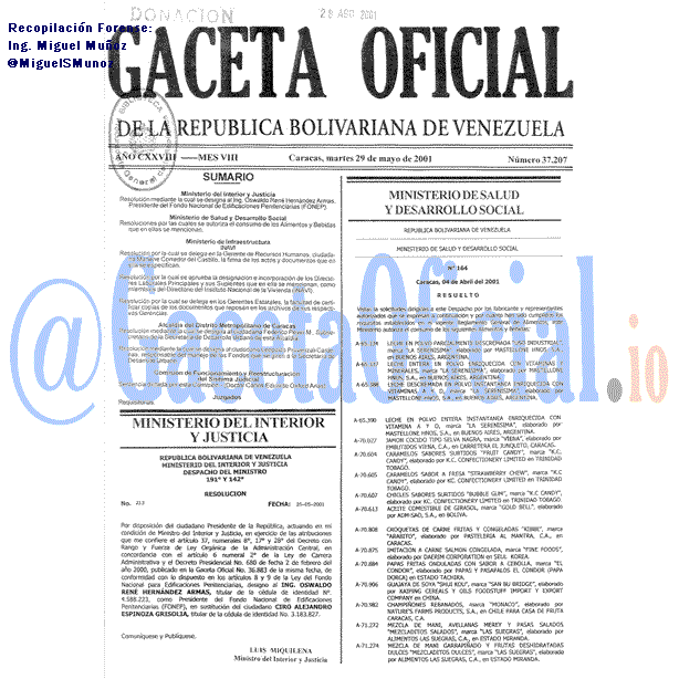 Gaceta Oficial 37207 del 29 Mayo 2001