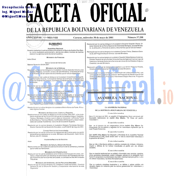 Gaceta Oficial 37208 del 30 Mayo 2001