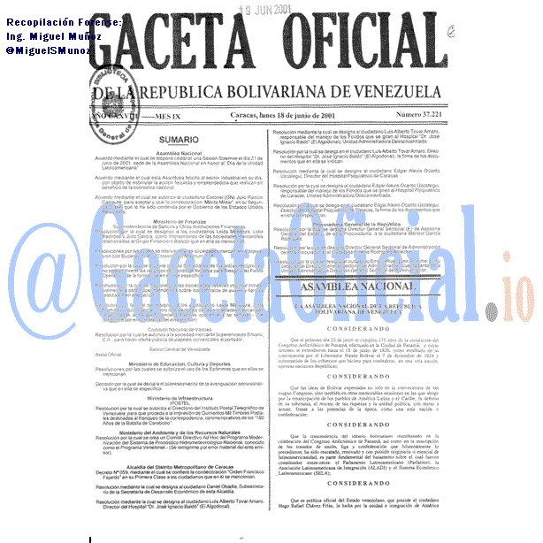 Gaceta Oficial 37221 del 18 Junio 2001