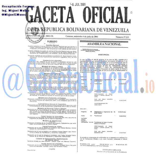 Gaceta Oficial 37233 del 4 Julio 2001
