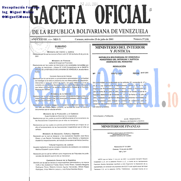 Gaceta Oficial 37246 del 25 Julio 2001