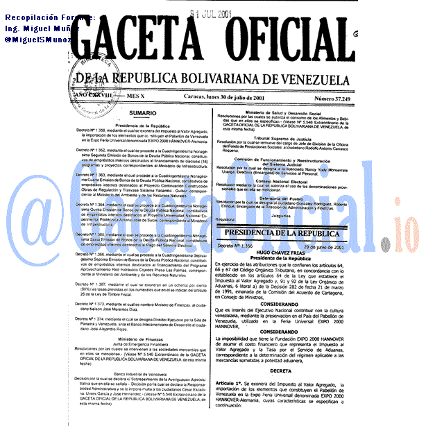Gaceta Oficial 37249 del 30 Julio 2001