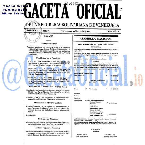 Gaceta Oficial 37250 del 31 Julio 2001