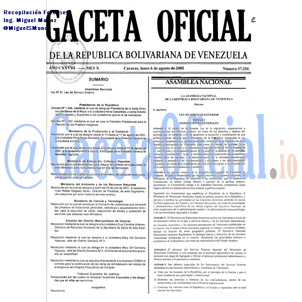 Gaceta Oficial 37254 del 6 Agosto 2001