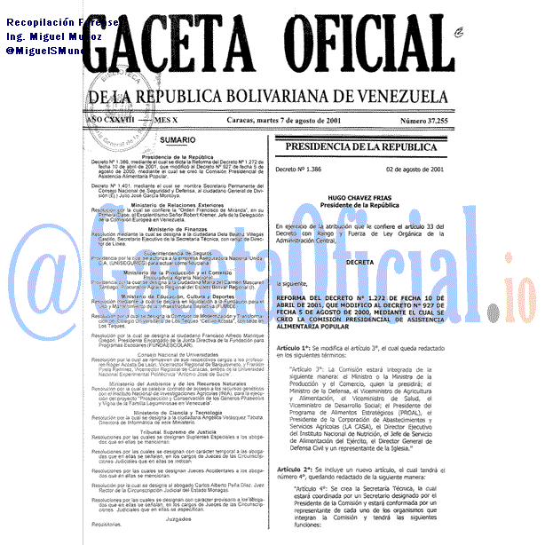 Gaceta Oficial 37255 del 7 Agosto 2001