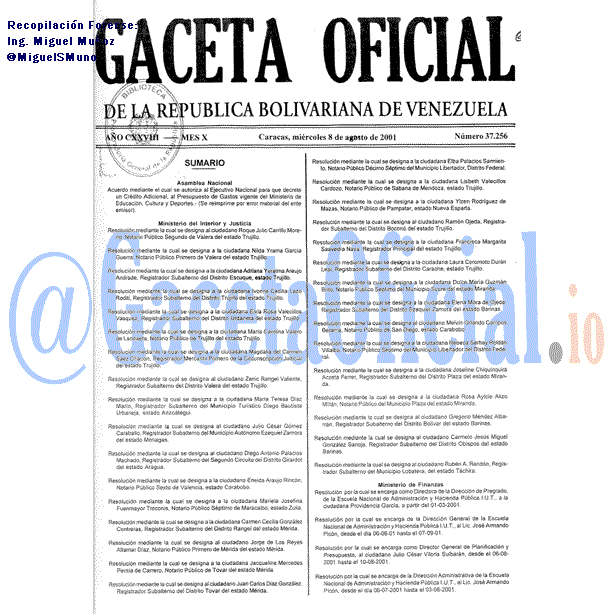 Gaceta Oficial 37256 del 8 Agosto 2001
