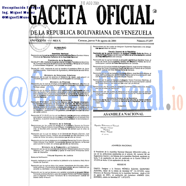 Gaceta Oficial 37257 del 9 Agosto 2001