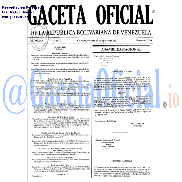 Gaceta Oficial 37258 del 10 Agosto 2001