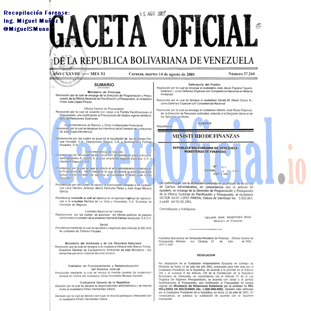 Gaceta Oficial 37260 del 14 Agosto 2001