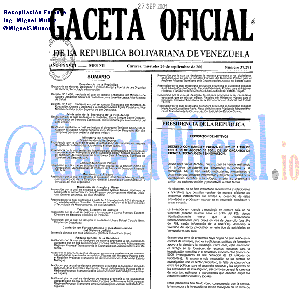 Gaceta Oficial 37291 del 26 Septiembre 2001