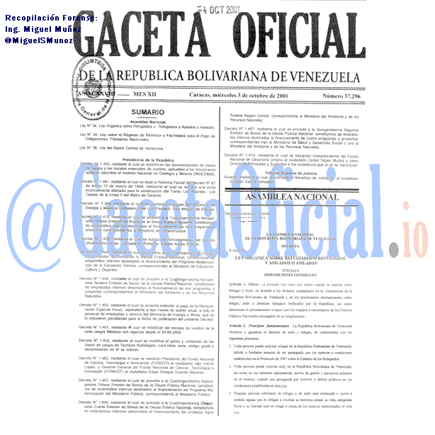 Gaceta Oficial 37296 del 3 Octubre 2001