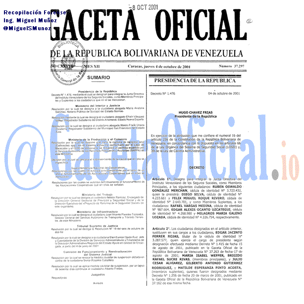 Gaceta Oficial 37297 del 4 Octubre 2001