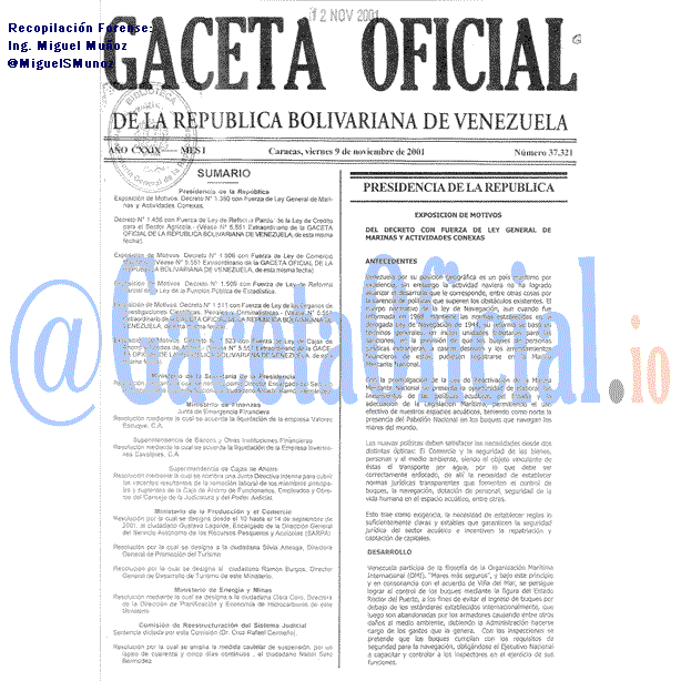 Gaceta Oficial 37321 del 9 Noviembre 2001
